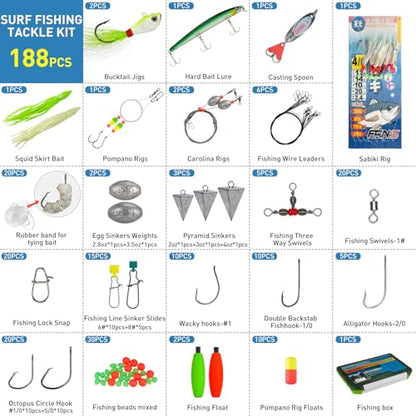 THKFISH Surf Fishing Tackle Kit, Saltwater Gear Set Saltwater Fishing Lures Fishing Bait Rigs Crankbait Spoon Bucktail Jigs Pyramid Sinkers Fishing Hooks Swivels,Perfect Fisherman's Gift