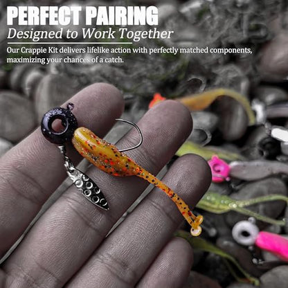 Crappie Lures Jig Heads Worms Swimbaits Kit, 110 Pcs Underspin Crappie Fishing Jig Heads Soft Plastic Grub Baits for Panfish Bluegill Bass Trout Freshwater Saltwater - color: 110Pcs - Crappie Jigs, Split TwinTail Shad