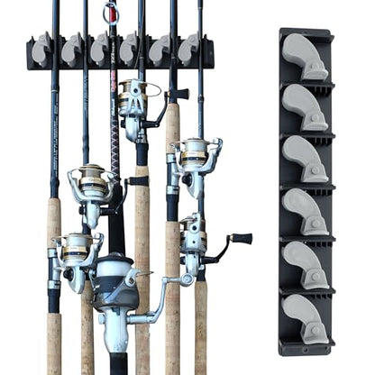 Rush Creek Creations 6-Rod Vertical Fishing Rod Holder for Garage, Heavy-Duty ABS Plastic Wall Mount Fishing Rod Rack, Securely Holds up to 6 Rods or Combos
