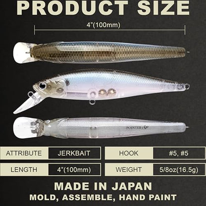 LUCKY CRAFT Pointer 100SP, Jerkbait Side by Side Action Tournament Winning Perfect Wobbling Freshwater Lake Bass Fishing Champion Bait - color: 238 Ghost Minnow