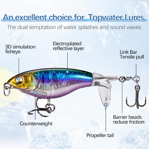 Topwater Fishing Lures for bass Whopper Popper Lures with Rotating Tail for Freshwater or Saltwater bass Catfish Pike Perch Floating Pencil Bass Bait (Variegated, Medium)