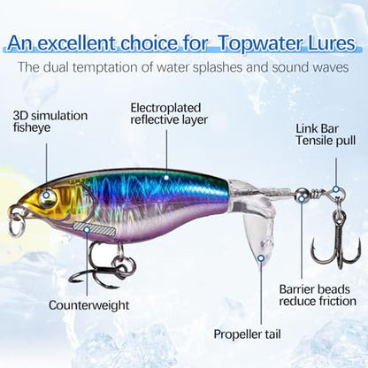 Topwater Fishing Lures for bass Whopper Popper Lures with Rotating Tail for Freshwater or Saltwater bass Catfish Pike Perch Floating Pencil Bass Bait (Variegated, Medium)