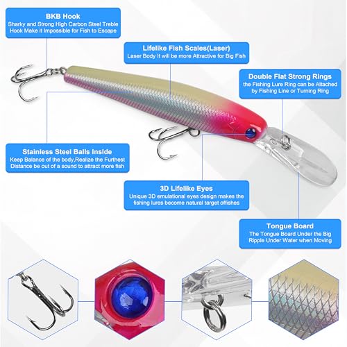 Minnow Fishing Lures Hard Baits Kit,10pcs Deep Diving Crankbaits Swimbaits Life-Like Walleye Lure for Bass Trout Pike Freshwater Saltwater Lures Kit