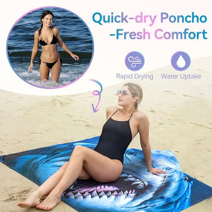 Catalonia Shark Hooded Towel for Adults, Quick-Dry Beach Poncho with Hood, Sand-Free Summer Gift - color: Shark