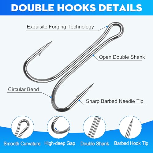 Double Fishing Hooks, 40/80pcs Classic Dual Frog Hooks High Carbon Steel Double Hooks Fishing Open Shank Barb Fishing Bait Hooks Saltwater Freshwater 8#-4/0 - size: 6#-80PCS