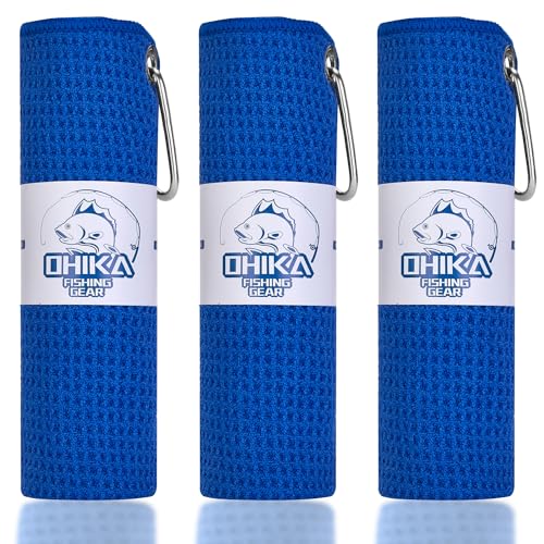 Microfiber Fishing Towels with Clip, Waffle Pattern for Effective Cleaning of Fishing Gears or Dirty Hands, 16” x 16”, Camping Towels, Hiking Towels, Pack of 3 (Blue) - color: Blue