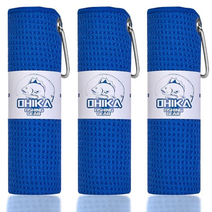 Microfiber Fishing Towels with Clip, Waffle Pattern for Effective Cleaning of Fishing Gears or Dirty Hands, 16” x 16”, Camping Towels, Hiking Towels, Pack of 3 (Blue) - color: Blue