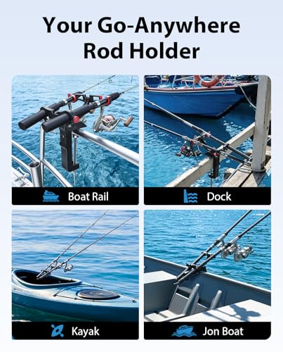 Clamp On Fishing Rod Holder for Boat Canoe Pontoon Kayak Dock | 360° Adjustable, Heavy Duty, Round & Square Rail Mount, Saltwater Safe - color: Dual Rod Holder- 2 Pack