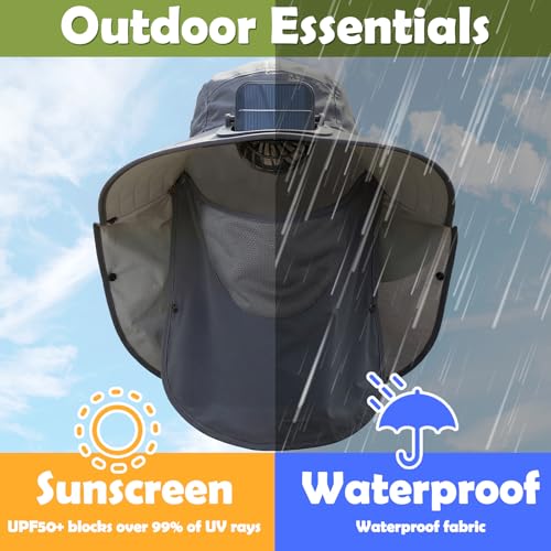 Berlune Solar Fan Hat Outdoor Fishing Hat with Neck Flap and Face Mask USB and Solar Powered for Men Women Sun Protection - color: Dark Gray