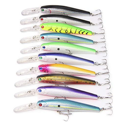 Bass Fishing Lures Kit, Minnow CrankBait VIB Pencil Popper Sinking Wobbler Hard Bait Lures for Bass Trout Walleye Redfish Freshwater Saltwater - color: Combo A-10pcs (5.6" with lip)