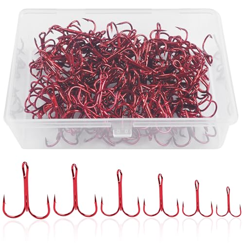 50 Pack Fishing Treble Hooks Kit High Carbon Steel Fish Hook Strong Sharp Round Bend Split Rings for Lures Baits Saltwater Freshwater Fishing Size 1/0 2 4 6 8 10 - color: Red, size: 4# - 50pcs