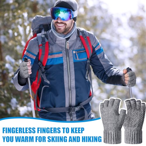 Geyoga 2 Pairs Wool Fingerless Fishing Gloves for Men Women Anti-Slip with Grip Dots Warm Winter Fly Ice Fishing Gloves - color: Black and Gray, style: Fingerless