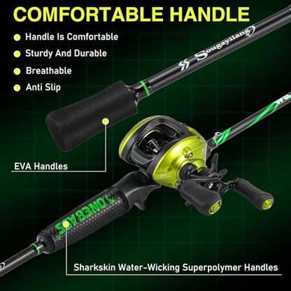 One Bass Fishing Rod Reel Combos, Spinning & Casting Combo, Graphite 2Pc Blanks, Stainless-Steel Guides, Super Polymer Handle - color: Casting Combo-Right Handed, size: 7'0"