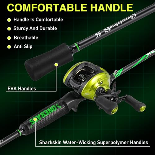 One Bass Fishing Rod Reel Combos, Spinning & Casting Combo, Graphite 2Pc Blanks, Stainless-Steel Guides, Super Polymer Handle - color: Casting Combo-Left Handed, size: 6'0"