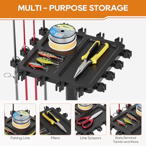 Fishing Rod Holder Rack with 360° Rotating Base – 16 poles Capacity,multi-purpose Rod Storage Rack,Easy Install & Durable Wooden Vertical Fishing Pole Holders for Ground,Black - color: Upgraded Black