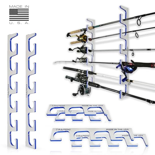 TRAPSKI Made in the USA Premium Fishing Rod/Pole Holder Rack Organizer | Wall or Boat Mounting Fishing Rod Rack | Marine Grade HDPE Plastic | Pole Holder for up to 3 Rods | Stackable - color: H3 White/Blue