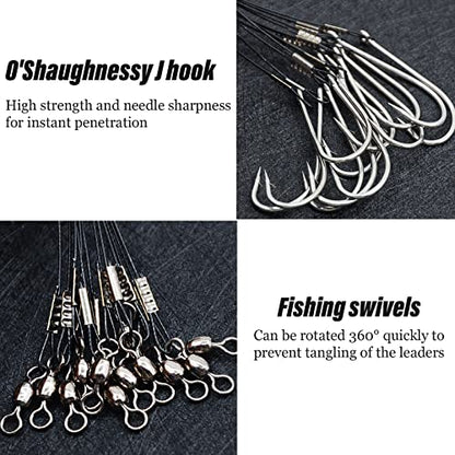 Saltwater Fishing Hook Rigs,Steel Leaders Long Shank Hook for Surf Fishing,Black Leader Wire O'shaughnessy Forged Hook for Freshwater - size: 1/0-9‘’-30lb, style: 24pcs