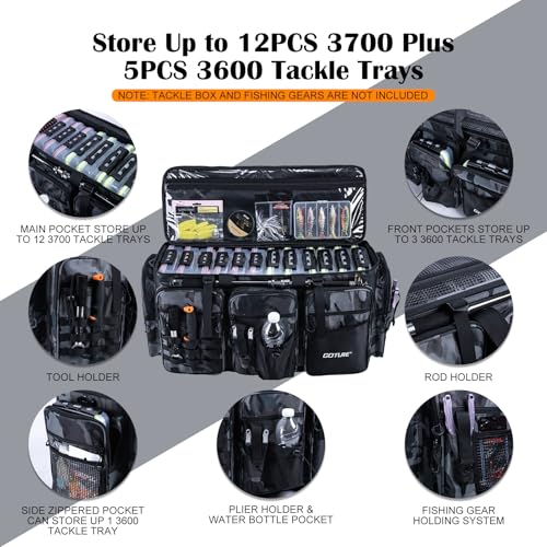 Goture Large Tackle Bag,Water Resistant Saltwater Gear Storage Big Fishing Bag with EVA Bottom,Store Up to 12PCS 3700 Plus 5PCS 3600 Tackle Trays(Not Included),Gifts for Men(26.38"x15.35"x11.42") - color: A2 Camo 1 XXL Without Trays