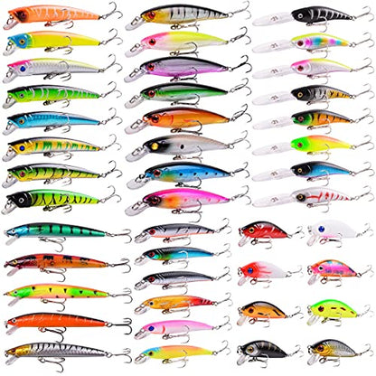 Aorace Fishing Lures Kit Mixed Including Minnow Popper Crank Baits with Hooks for Saltwater Freshwater Trout Bass Salmon Fishing - color: Item-D 43pcs