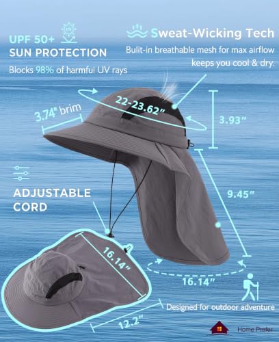 Home Prefer UPF 50+ Sun Hats for Men Women Wide Brim Fishing Hat with Neck Flap UV Protection Sunblock Safari Bucket Hat - color: Dark Grey