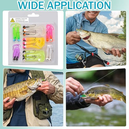 Soft Fishing Lures Jig Head Hooks Kit, 17pcs Crappie Jigs Soft Plastic Grub Tail Worm Lures Tackle for Bass Trout Saltwater Freshwater Fishing Mixed Color