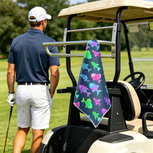 Fish 2 Pack Waffle Pattern Golf Towels, 17.7"x17.7" Square Golf Towel with Carabiner Clip and Magnetic Snap for Cleaning Golf Ball, Club