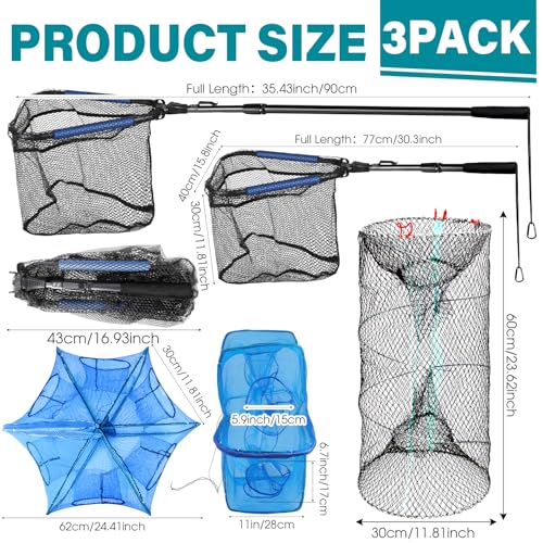 Windyun 3 Pcs Folded Fish Trap Includes Landing Net with Telescoping Pole Handle Cylindrical Hexagon Bait Bag Rope Bait Traps for Fishing Crab Crawfish Shrimp Lobster Accessories
