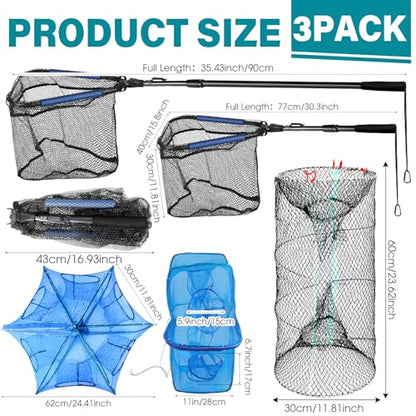 Windyun 3 Pcs Folded Fish Trap Includes Landing Net with Telescoping Pole Handle Cylindrical Hexagon Bait Bag Rope Bait Traps for Fishing Crab Crawfish Shrimp Lobster Accessories