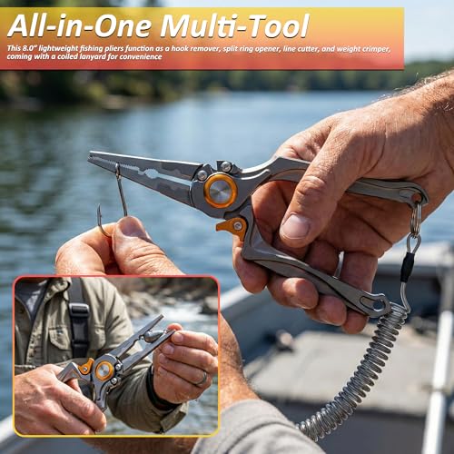 8” Lockable Fishing Pliers, Corrosion Resistant Saltwater Fishing Gear, Multi Purpose Fish Tool Braid Line Cutter Split Ring Hook Remover Crimper with Lanyard, Fishing Gifts for Men