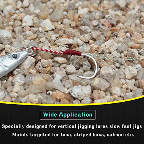 Fishing Assist Hooks Kit, 60pcs Stinger Jigging Assist Hooks Slow Pitch Jig Fishing Hooks Saltwater with Mylar Flash Teasers PE Line for Vertical Jigging Lures