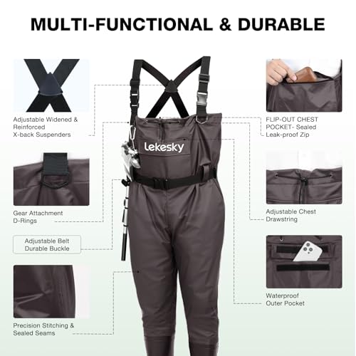 Lekesky Fly Fishing Chest Waders with Boots for Men Women, US Sizes 5–14,2-Ply Nylon/Pvc Waterproof Waders - color: Brown, size: M7/W9