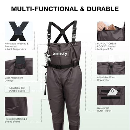 Lekesky Fly Fishing Chest Waders with Boots for Men Women, US Sizes 5–14,2-Ply Nylon/Pvc Waterproof Waders - color: Brown, size: M6/W8