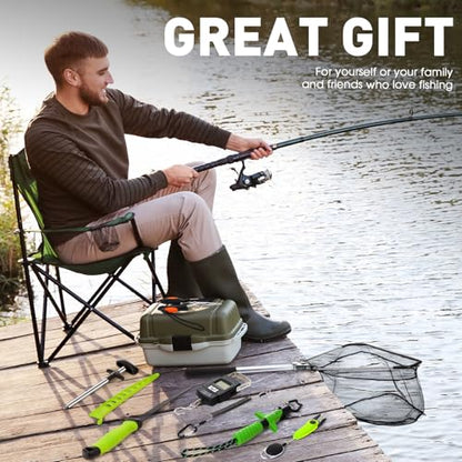 RoundFunny 10 Pcs Fishing Tool Kit, Fishing Pliers with Lanyard and Protective Sheaths, Landing Net, Fillet Knife, Fish Scale, Gripper, Hook Remover, Braid Scissors, Gloves for Men Dad Gift - color: Green
