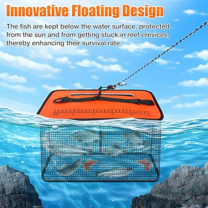 Loyala Floating Fishing Basket, 5Gallons/13 Gallons 2 Pcs Collapsible Fishing Net Cage with 20Ft Anti Slip Rope for Caughting Fish Beach Fishing Stream Fishing Rock Fishing Fly Fishing - color: Orange
