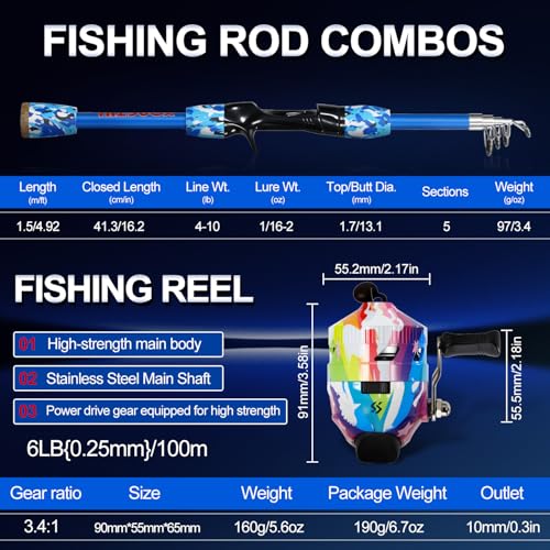 Kids Fishing Rod and Reel Combo,Light Weight Fishing Pole with Spinning Fishing Reel Tackle Bag Lures for Youth,Girls and Boys Good Starter Fishing Kit - color: Light Blue