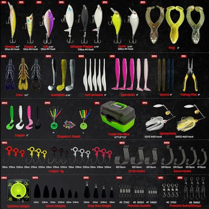 Fishing Tackle Box with Tackle Included Lures, Hooks, Weights, 3-Layer Freshwater Fishing Tackle Kit for Bass Fishing Gear and Equipment, Gift for Fishingman gift choice for Fathers Day - color: Green