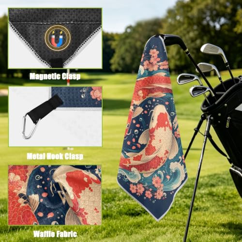 Fish Flowers Magnetic Golf Towel for Golf Bags Microfiber with Clip | Golf Essentials for Women Men Attaches to Carts and Clubs 17.7"x17.7"