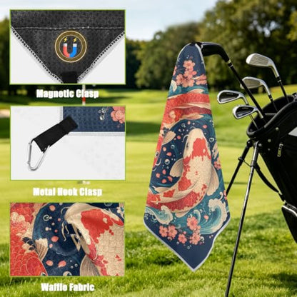 Fish Flowers Magnetic Golf Towel for Golf Bags Microfiber with Clip | Golf Essentials for Women Men Attaches to Carts and Clubs 17.7"x17.7"