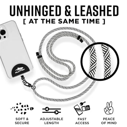 Pilotfish Team Phone Lanyard Strap – Universal Neck & Crossbody Cell Phone Holder, Anti‑Drop, Adjustable for iPhone & Android - color: Black Buckle/Black White Cross