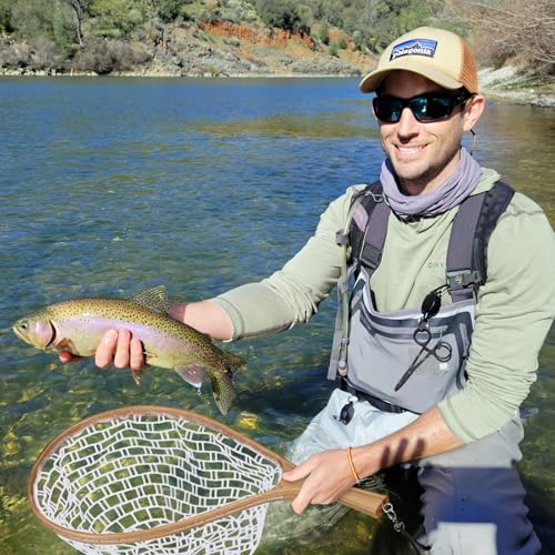 Portable Wooden Fly Fishing Net with Soft Silicone Mesh - Ideal for Trout & Bass Catch and Release - Essential Freshwater & Saltwater Gear for Anglers White Curved Handle Large - color: White Curved Handle