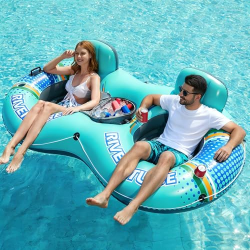 Jasonwell Heavy Duty 2 Person Inflatable River/Pool Tube Float with Removable Cooler, Tubes for Lake, Floating River Raft Lounge Floatie with 2 cup Holders For Adults, Cyan - style: DoubleTube-Cyan