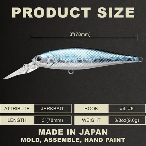 LUCKY CRAFT Pointer 78DD Freshwater Fishing Lure and Gear for Bass & Trout, 3 inch Deep Diving Suspending Jerkbait Fishing Line, Pressure-Ready Fish Bait, Premium Gear for Tackle Box, - color: 052 Aurora Black