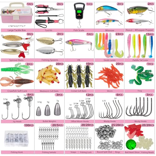 THKFISH 400PCS Fishing Lures Accessories Kit with Large 3-Layer Tackle Box Complete Freshwater Bass Fishing Gear Tools Set with Pliers, Fish Scale, Spinner bait, Hooks, Weights Sinkers, Gift for Women - color: Pink