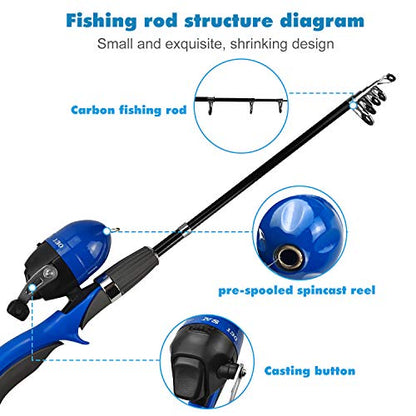 Urban Deco Kids Fishing Pole Set Portable Telescopic Kids Fishing Rod and Reel Combo Kit with Tackle Box for Beginners, Boys,Girls,Youth,Children - color: blue
