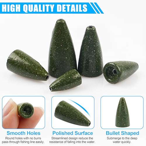 Bullet Fishing Sinkers Weights, 40pcs Slip Sinkers Worm Weights Painted Sliding Fishing Weights for Bass Fishing Pitching and Flipping Texas Rigs Carolina Rig Saltwater Freshwater - size: 1/16oz-40pcs, style: Green