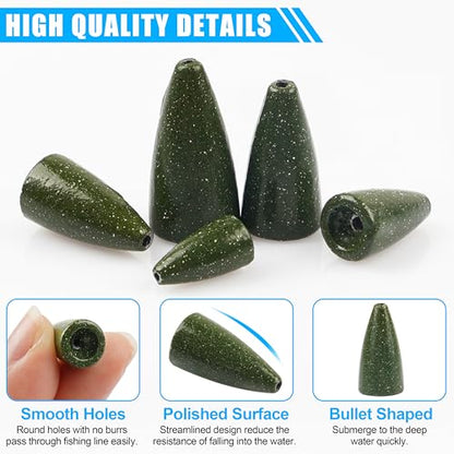 Bullet Fishing Sinkers Weights, 40pcs Slip Sinkers Worm Weights Painted Sliding Fishing Weights for Bass Fishing Pitching and Flipping Texas Rigs Carolina Rig Saltwater Freshwater - size: 3/16oz-40pcs, style: Green
