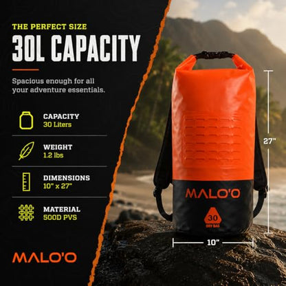 Malo’o DryPack 30L Waterproof Kayak Dry Bag, Heavy Duty Roll-Top Dry Bag with MOLLE Grid and Carry Straps for Fishing, Paddle Boarding, Boating, Camping, and Travel, Yellow - color: Yellow, style: 30l Dry Bag