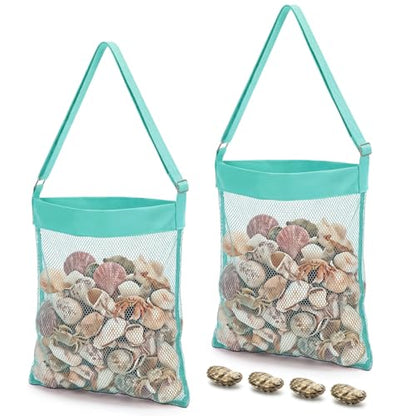 VioraWhite 2 Pcs Extra Large 14 x 16inch Clam Mesh Chum Beach Bags for Seashells Clams Treasures Sand Away Foldable Shell Collection Bags with Adjustable Straps (Aqua) - color: Aqua