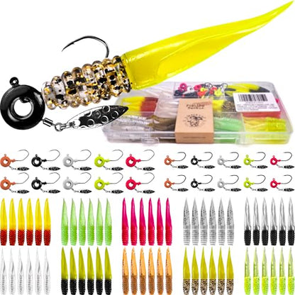 Crappie Lures Underspin Jigs Heads Worms Baits Kit, 110, 80 Pcs Crappie Fishing Jig Heads Soft Plastic Grub Swimbait for Panfish Bluegill Bass Trout Freshwater Saltwater