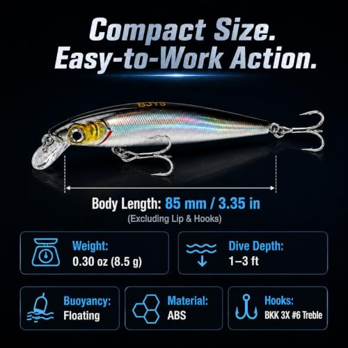 Floating Minnow Fishing Lure, 3.35in 0.30oz ABS Hard Bait with BKK 3X Size 6 Treble Hooks, Weight Transfer Rattle, 1-3ft Shallow Diving Lure for Bass Trout Walleye, Boxed - color: B1-1PCS/0.3OZ-3.35"